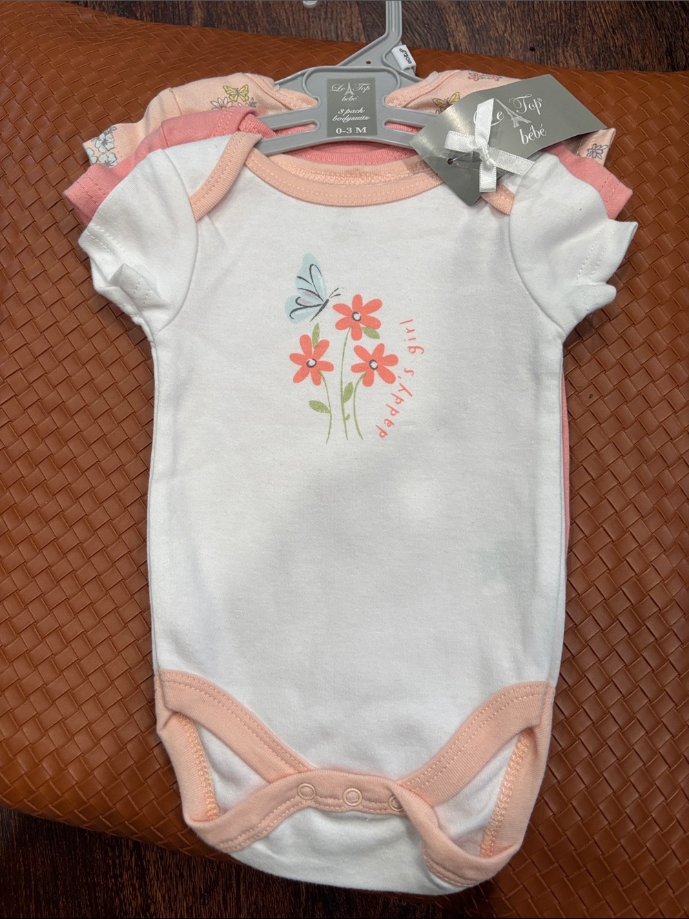 White & Peach Floral Baby One-Piece Bodysuit by Le Top